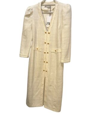 Zara NEW NWT cream boucle gold buttons coco coat dress M